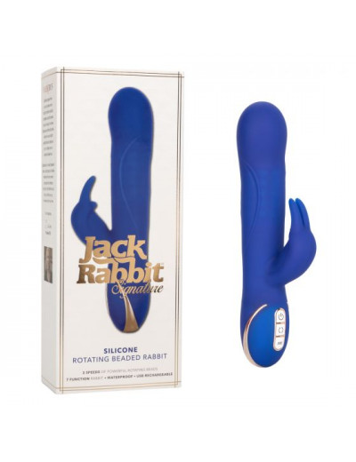 Синий вибратор Signature Silicone Rotating Beaded Rabbit с клиторальным отростком - 22,75 см.