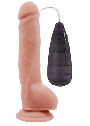 Телесный вибратор с мошонкой на присоске Extra Fun Vibrating Dildo - 23,5 см.