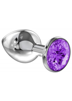 Малая серебристая анальная пробка Diamond Purple Sparkle Small с фиолетовым кристаллом - 7 см.