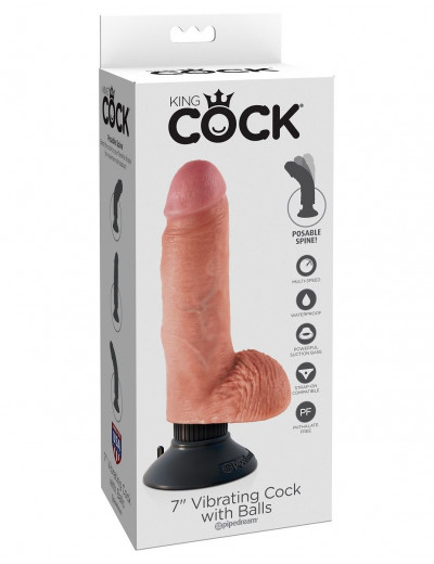 Телесный вибратор с мошонкой и съемной присоской 7  Vibrating Cock with Balls - 17,8 см.