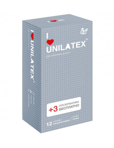 Презервативы с точками Unilatex Dotted - 12 шт. + 3 шт. в подарок