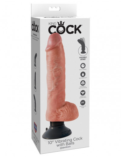 Телесный вибромассажер 10  Vibrating Cock with Balls - 25,4 см.