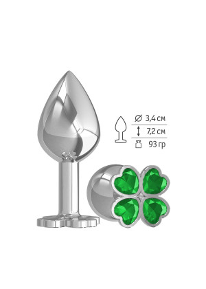 Средняя серебристая анальная втулка с клевером из зеленых кристаллов - 8,5 см.