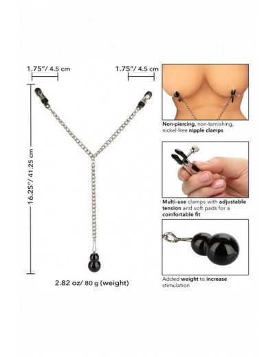 Зажимы для сосков с серебристой цепочкой и утяжелителем Weighted Dual Tier Nipple Clamps