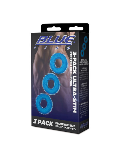 Комплект из трех голубых колец для эрекции 3-Pack Ultra-Stim Stretch Cock Rings