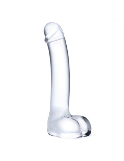 Прозрачный стеклянный фаллос с мошонкой Curved G-Spot - 18 см.