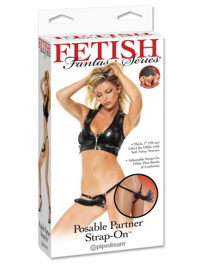 Черный податливый страпон Posable Partner Strap-On - 17,8 см.