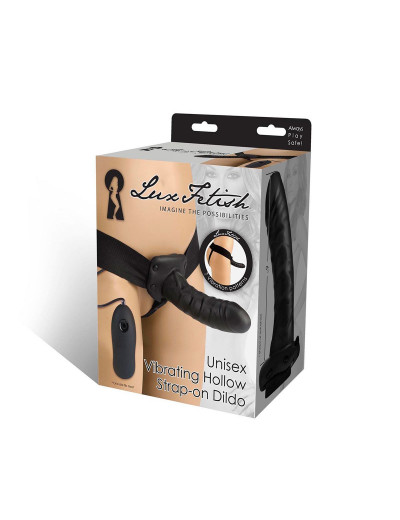 Чёрный полый страпон с вибрацией Unisex Vibrating Hollow Strap-On - 14 см.