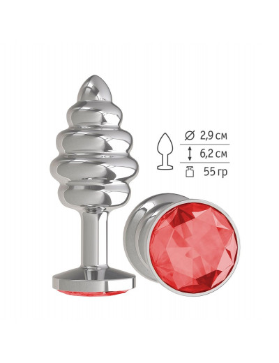 Серебристая пробка с рёбрышками и красным кристаллом - 7 см.
