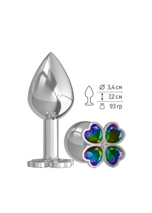 Средняя серебристая анальная втулка с клевером из радужных кристаллов - 8,5 см.