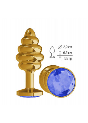 Золотистая пробка с рёбрышками и синим кристаллом - 7 см.