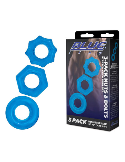 Комплект из трех голубых колец для эрекции 3-Pack Nuts   Bolts Stretch Cock Ring Set