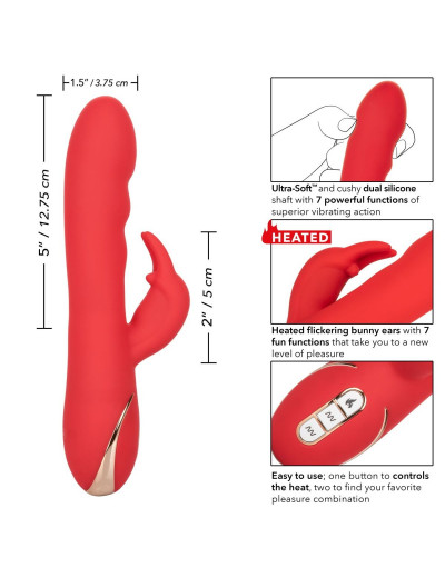 Красный вибромассажер-кролик с функцией нагрева Heated Silicone Ultra-Soft Rabbit - 21,5 см.