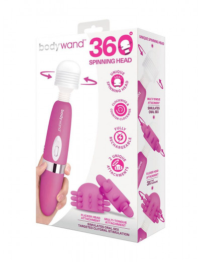 Розовый ротационный жезловый вибратор с двумя насадками 360° Spinning Head Wand Massager Set