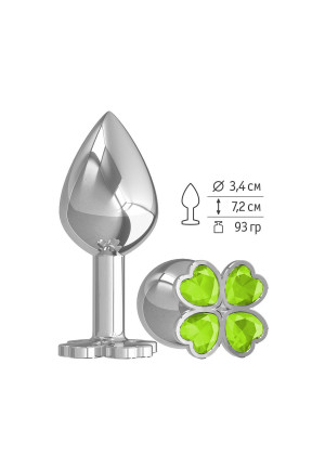 Средняя серебристая анальная втулка с клевером из лаймовых кристаллов - 8,5 см.