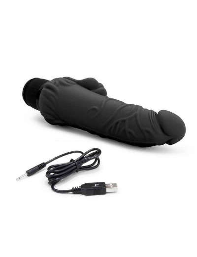 Черный вибратор-реалистик с клиторальными лепестками 7  Realistic Vibrator - 21,5 см.