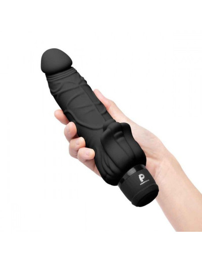 Черный вибратор-реалистик с клиторальными лепестками 7  Realistic Vibrator - 21,5 см.