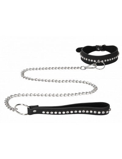 Черный ошейник с поводком Diamond Studded Collar With Leash